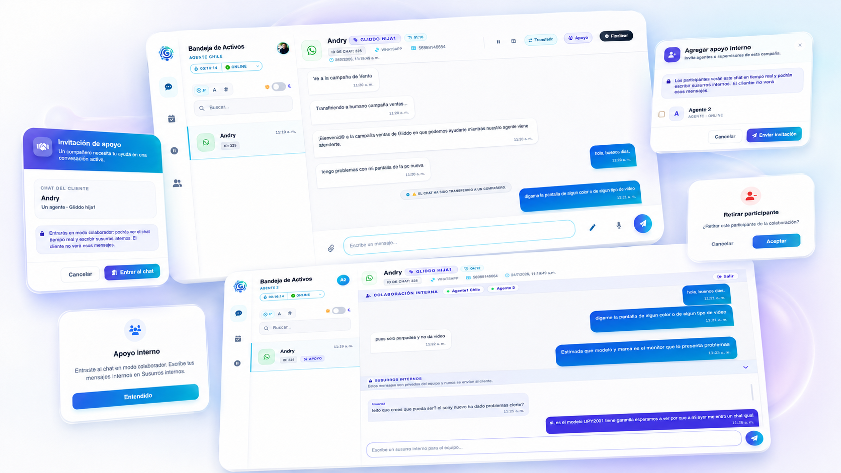 Chat de Apoyo Gliddo con participantes colaborando en tiempo real